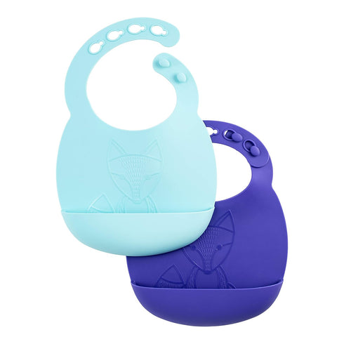 Dr. Brown's Baby Bib with Adjustable Collar and Fox Design, 100% Silicone & Waterproof, Teal/Purple, 2-Pack...