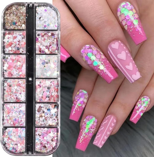 12 Grids Nail Art Glitter Sequins, Holographic Hexagon Chunky Nail Glitter Shiny Heart Mermaid Nail Flakes Sequins Nail Art Supplies Hexagon Nail ...