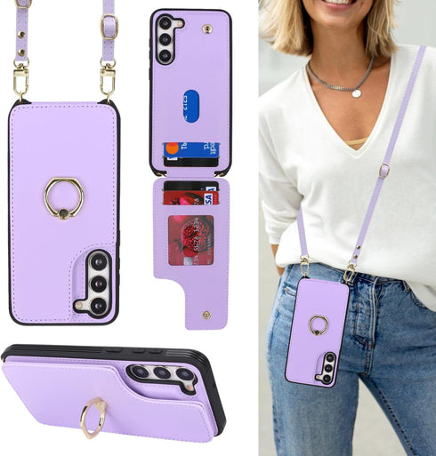for Samsung Galaxy S22 Case with Card Holder and Strap for Women,Crossbody Lanyard,Ring Stand,Snap Clasp,Phone Wallet Cases 6.1 inch(Purple)......