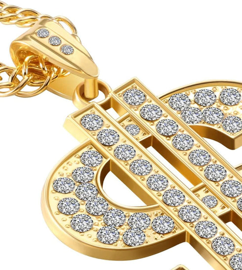 Gold Necklace Chain for Men with Dollar Sign, Bling Gold Plated Hip Hop Dollar Necklace Pendant Rhinestone Jewelry Punk Style...