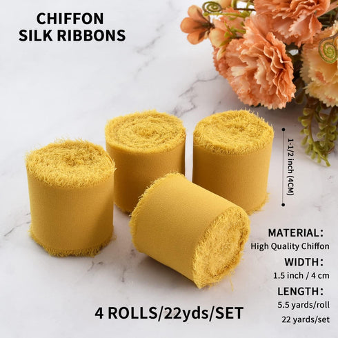 TONIFUL 4 Rolls Silk Chiffon Ribbon, 1-1/2 Inch x 22yds, Gold Chiffon Ribbons, Handmade Fringe Silk Ribbon Frayed Edges for Gift Wrapping Bridal B...