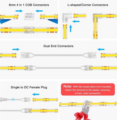 23PCS 8mm COB Led Strip Connectors Kit for COB led Strip Lights 2 Pin, 10pcs Transparent Connector, 6pcs L-Shaped Connectors, 2pcs Dual End, 4pcs ...