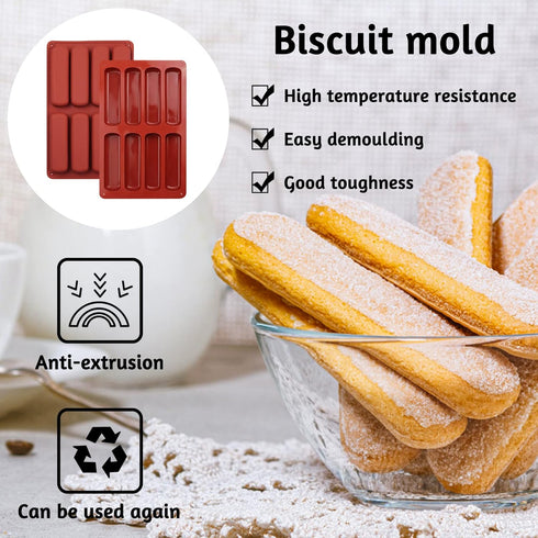 2 PCS Finger Biscuit Silicone Mould, 8 Cavities Cereal Bars Baking Mould, Non-stick Chocolate Bar Mold, for Cnady, Eclair, Bread, Muffin, Soap, Re...
