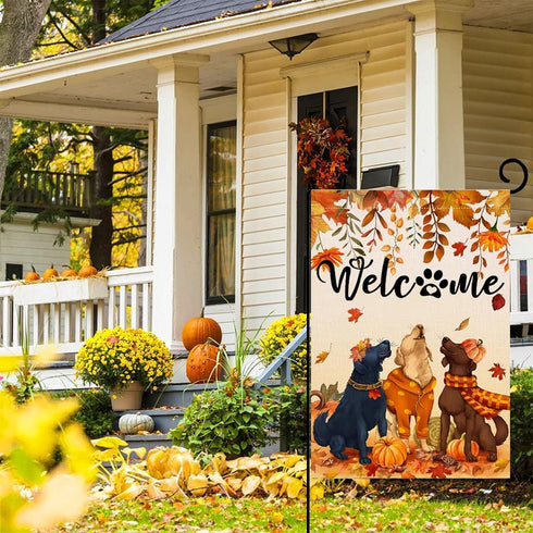 Welcome Fall Garden Flags for Outside 12x18 Double Sided Burlap, Seasonal Autumn Dogs Leaves Pumpkin September Thanksgiving Garden Flag Fall Outdo...