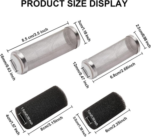 2 Pcs 12mm/16mm Stainless Steel Aquarium Filter Intake Guard Mesh Cover,Fish Tank Filter Guard with 2PCS Filter Sponge for Breeding Fish Shrimp Ta...