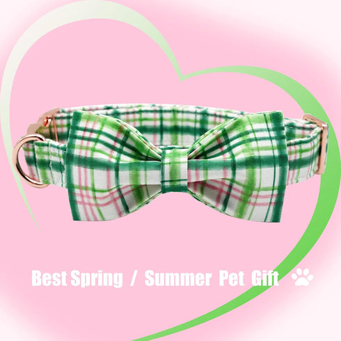 Elegant little tail Dog Collar with Bow - Pink with Green Plaid Boy or Girl Dog Collar Cute Bowtie Pet Collar Adjustable Dog Collar for X-Small Pu...
