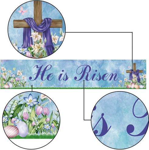 He is Risen Fence Banner Easter Christian Cross Lily Eggs Religious Party Photo Booth Backdrop Yard Outdoor Decoration...