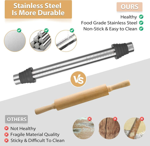 Adjustable Rolling Pin with Thickness Rings for Baking -Non Stick Stainless Steel Dough Roller Pin with Bands for Cookie,Wood,Wooden and Bread (Gr...