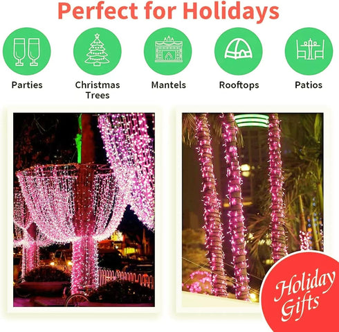 Super-Bright Extendable Pink Christmas Lights Decoration 100Lights 19.6ft UL Certified Mini Bulb String Lights Set for Outdoor Christmas Tree Gard...