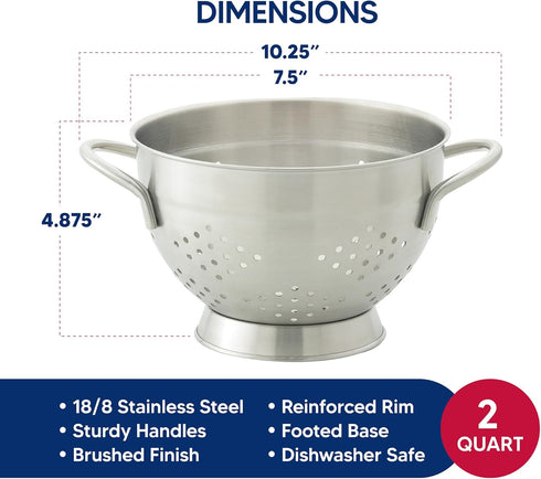 HIC Kitchen Pierced Colander, 18/8 Stainless Steel, 7.5-Inch Bowl, 2-Quart Capacity...
