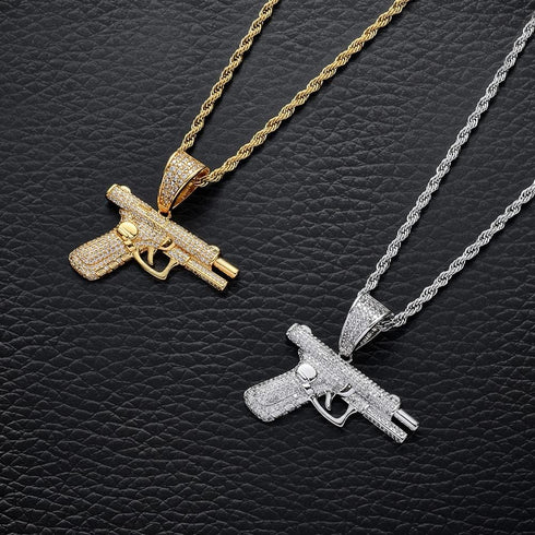 Hip Hop Zircon Pistol Pendant Necklace Stainless Steel Rice Rope Chain Gun Necklace for Men Jewelry Gifts...