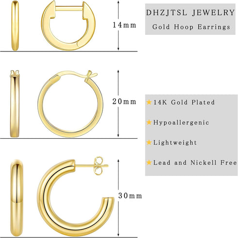 14K Gold Plated Hoop Earrings for Women, 3 Pairs Lightweight Chunky Gold Hoops Earrings Set, Hypoallergenic Trendy Small Huggie Gold Earring Jewel...