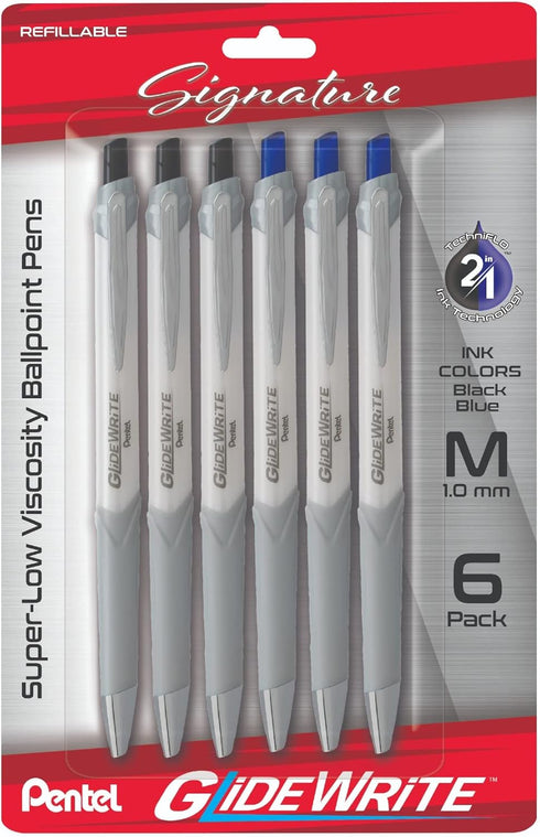 Pentel Glidewrite Signature Ballpoint Pen with Smooth TechniFlo Ink - 1.0mm Medium Point - 6-Pack of 3 Black Ink & 3 Blue Ink Pens...