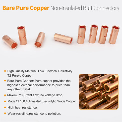 2 Gauge Non-Insulated Butt Connectors 8 PCS 2 Gauge Butt Splice Connectors 2 AWG Butt Splice Uninsulated Crimp Wire Connectors 38mm² Bare Pure Cop...