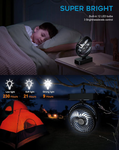 Portable Camping Fan, Small Tent Fan with Hanging Hook, 40 Working Hours Rechargeable USB Battery Fan with LED Lights for Desk, Bedroom, Travel & ...