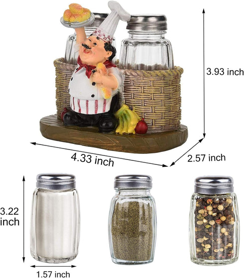 Salt and Pepper Shakers Set,Sitting Chef Decorative Statue Spice Organizer,Glass Spice Jars with Holder Figurine Gift for Family,Kitchen,Restauran...