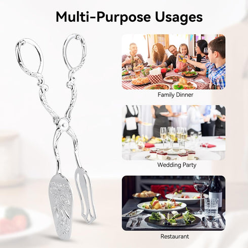 9in Vintage Salad Tong for Serving, Zinc Alloy Silver Food Serving Tongs Salad Steak Clip Buffet Tongs for Buffet Catering Bread BBQ, 8.5x4.5in...
