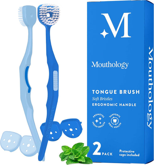 Soft Bristle Tongue Brush for Adults (2 Pack), Reduce Bad Breath & Improve Oral Hygiene, Tongue Scraper Brush Ergonomic Handle & Protective Cap, T...
