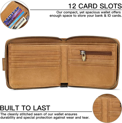GOIACII Zipper Wallet for Men Genuine Leather RFID Blocking Mens Wallet with Zipper Coin Pocket ID Window Zipper Wallets Large Capacity...