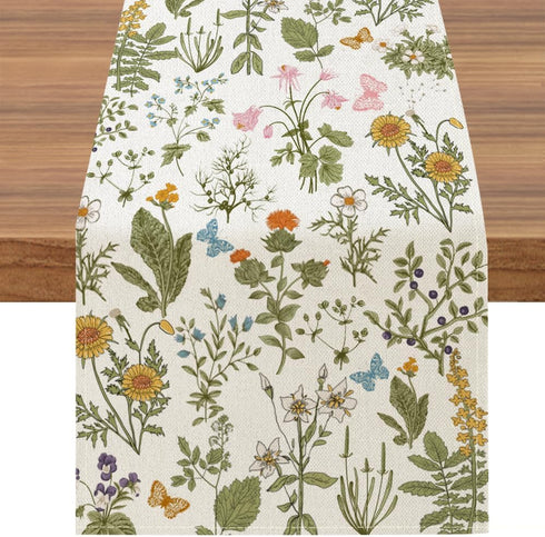Floral Wildflowers Table Runner, Spring Butterfly Herbs Farmhouse Holiday Home Kitchen Dining Table Decoration, 13 x 72 Inch...