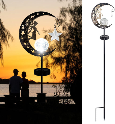 Solar Garden Decor Light - Moon Fairy Stake with Waterdrop & Star Charms, Waterproof Cool White for Patio, Lawn, Pathway, Yard...
