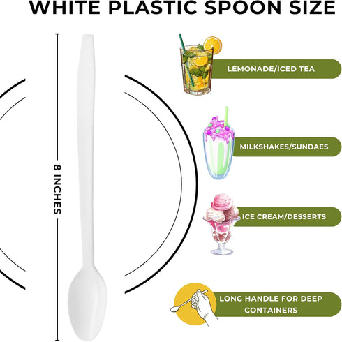 Large White Plastic Spoons, 8" Long Handled Spoon, Disposable Cutlery, Dessert Spoon Disposable 50PK...