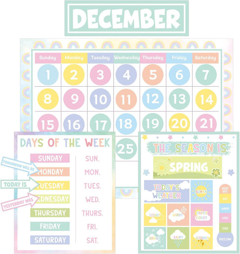 Classroom Calendar Bulletin Board Pastel Calendar Bulletin Board with Seasons Weather Chart CTP Paper-Cuts for Nursery Elementary Middle School Cl...