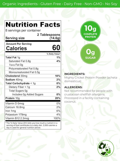 100% Pure Cricket Flour Powder - High Protein, Gluten Free + Dairy Free, 1/4 Lb...