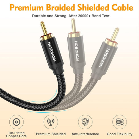 HOSONGIN 1ft RCA Splitter 1 Male to 2 Female Y Adapter 2 Pack, Short RCA Audio Speaker Splitter Cable, Double Shielding Black Nylon Braided Cable ...