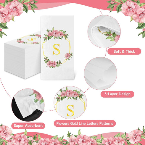 200 Gold Floral Monogrammed Disposable Napkins - Initial Letter S Paper Guest Hand Towels, Flower Monogram Dinner Napkins for Bathroom Wedding Bir...
