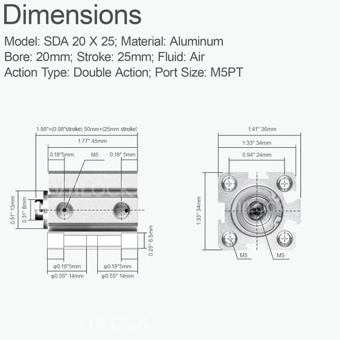 Pneumatic Air Cylinder 20mm Bore 25mm Stroke, Thin Air Cylinder Double Action Hydraulic Cylinders SDA 20 X 25...