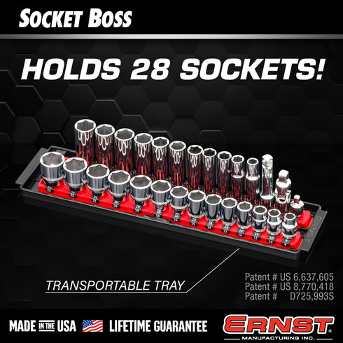 Ernst Mfg. 8493 RD Socket BOSS Tray High-Density System with (2) Red 13" Socket Rail + (28) Twist Lock Clips, 3/8" Drive - Made in USA...