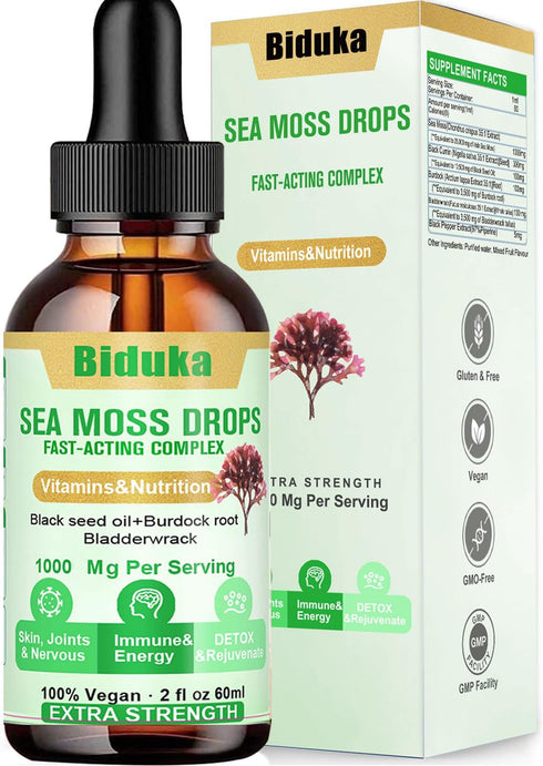 1000mg Irish Sea Moss Drops Black Seeds Oil, Bladderwrack, Burdock Root, Vitamin C and Zinc, 98 Essential Minerals Seamoss Supplement for Immune, ...