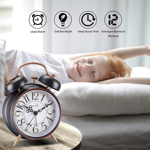 Loud Alarm for Deep Sleepers 4'' Retro Twin Bell Alarm Clock with Backlight for Bedroom and Home Decoration(Retro Black)...