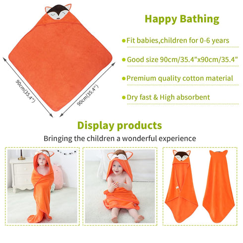 MICHLEY Animal Hooded Baby Towel Washcloth, Toddler Premium Cotton Absorbent Bathrobe for Girls Boys 0-6T (Fox)...