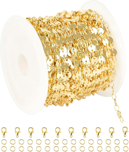 YOUBEIYEE 16.4 Feet Light Gold Sequin Chain for Jewelry Making Solid Brass 16K Gold Plated Jewelry Chain Bulk Bracelet Necklace DIY Jewelry Suppli...