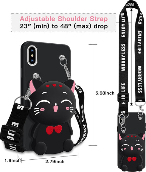 SGVAHY Wallet Case for iPhone XR with Strap Lanyard Cute Cat Black Coin Purse Funny Phone Case Kawaii Soft Silicone Shockproof Cover for Women Gir...