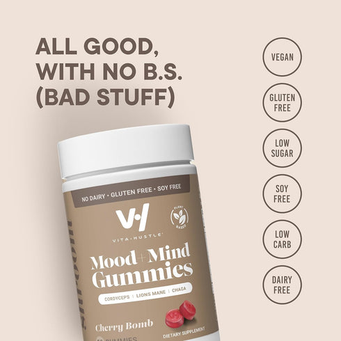 VitaHustle Super Mushroom Mood + Mind Focus Gummies, Lions Mane Mushrooms, Reishi, Chaga, Cordyceps, Vegan, Low Sugar, Non GMO, Cherry Flavor, 50 ...