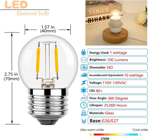 G40 E26 1W Low Wattage LED Vintage Bulbs Small Globe Nightlight 10 Watt Edison Style Bulb, 2700K Warm White Non Dimmable 6Pack...
