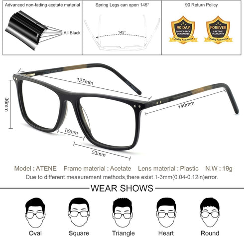 OCCI CHIARI Fashion Men‘s Glasses Square Eyeglasses Frames Clear Lense with Spring Hinge (A-Black+Brown)...