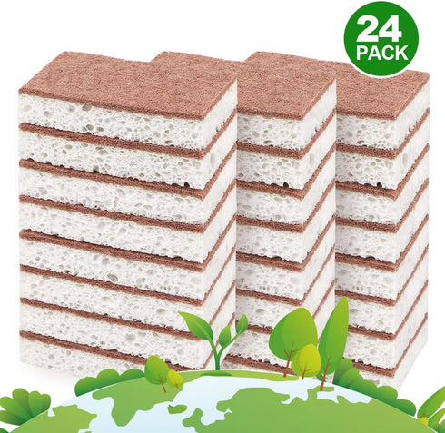 HOMEXCEL Natural Scrub Sponges Kitchen 24 Pack, Non-Scratch Cleaning Sponges for Dishes, Cellulose Sponges Safe on Non-Stick Cookware, Dual Sided ...