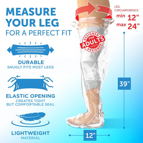 100% Waterproof Cast Covers for Shower Leg - Tight Seal - 2pk Reusable Adult Full Leg Cast Protectors - Thigh, Knee, Ankle, Foot - Strong and Dura...