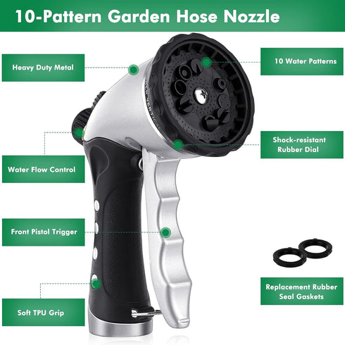RESTMO Garden Hose Nozzle Sprayer, Heavy Duty Metal Water Hose Nozzle with 10 Different Spray Patterns, High Pressure Hand Sprayer for Watering Pl...