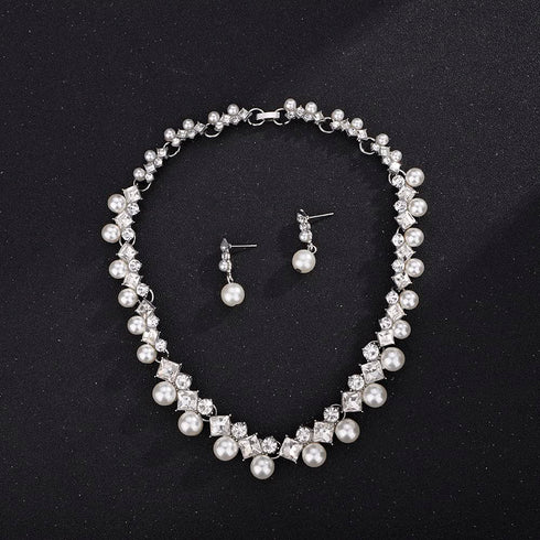 Bride Silver Necklace Earrings Set Pearl Bridal Wedding Jewelry Set Rhinestone Choker Necklace for Women and Girls...