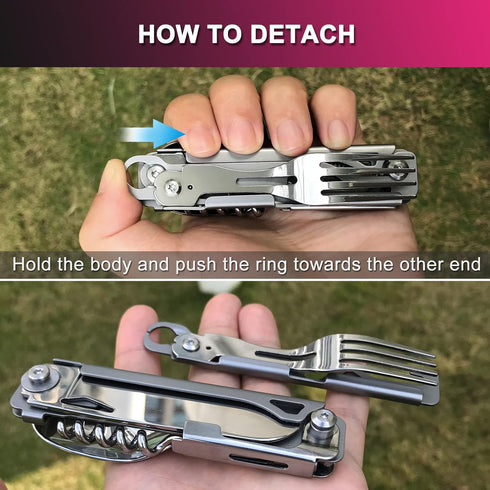 6-in-1 Detachable Camping Utensils Flatware Set - Multi-Function Travel Pocket Cutlery Folding Spoon, Fork, Knife, Wine Bottle Opener Can Opener P...