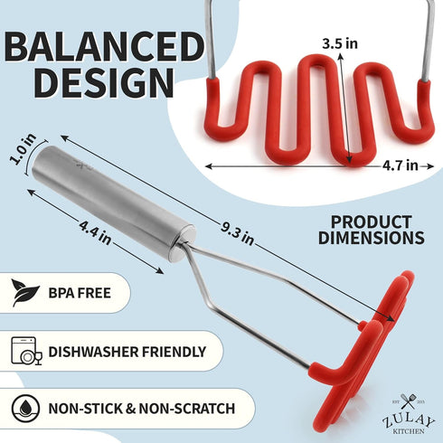 Zulay Kitchen Non-Scratch Potato Masher – Heavy-Duty Stainless Steel & Silicone Hand Masher for Smooth Mashed Potatoes, Avocados & More – Durable ...
