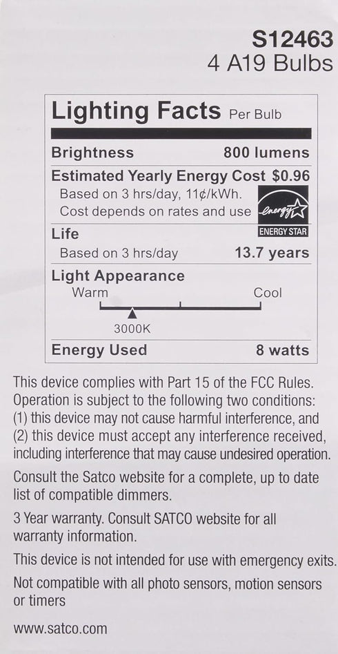 Satco S12463 8 Watt A19 LED Bulb, Clear, 3000K, Medium Base, 120 Volt, 4-Pack...