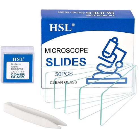 HSL Microscope Slides and Covers,24x24mm Square Cover Glass 100pcs and 50cps Blank Ground Edge Glass Slides for Monocular Binocular Trinocular Mic...