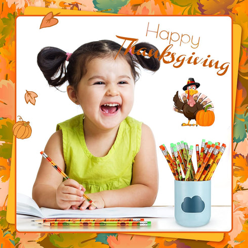 30 Set Fall Themed Pencils Thanksgiving Party Pencils Thanksgiving Wood Pencils and Bulk Mini Maple Leaf Acorn Erasers Mini Erasers for Thanksgivi...