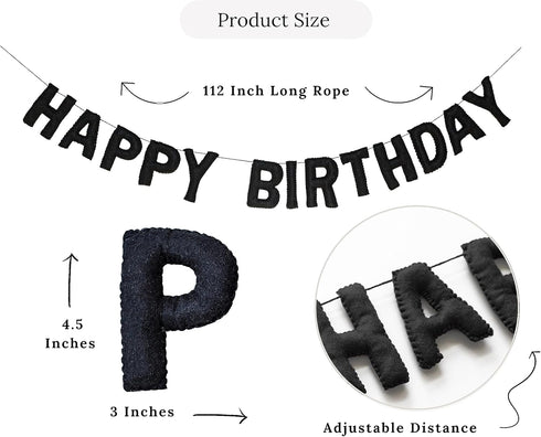 Happy Birthday Felt Fabric Banner | Black Birthday Garland | Reusable Birthday Decoration | Elegant Festive Birthday Party Supply (Black)...